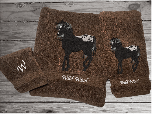 Brown Bath towel set or individual towels, embroidered Appaloosa horse is the perfect design for the horse living family, that western decor. This Luxury horse towel set of 3 towels 1 bath towel, 1 hand towel, 1 wash cloth. You can personalize the towel set with a name and an initial on the wash cloth or just the designs. Borgmanns Creations 1