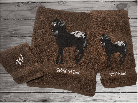 Brown Bath towel set or individual towels, embroidered Appaloosa horse is the perfect design for the horse living family, that western decor. This Luxury horse towel set of 3 towels 1 bath towel, 1 hand towel, 1 wash cloth. You can personalize the towel set with a name and an initial on the wash cloth or just the designs. Borgmanns Creations 1
