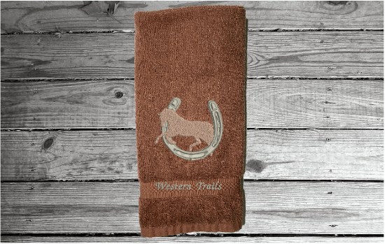 Brown personalized hand towel - embroidered horse and horseshoe design - soft and absorbent terry towel, 16" x 27" - wedding gift for the new couple, birthday gift, farmhouse decor, bath or kitchen or barn work with horses. - Borgmanns Creations 