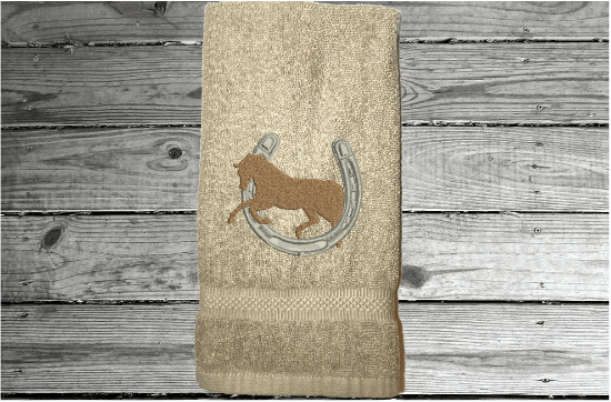 Beige personalized hand towel - embroidered horse and horseshoe design - soft and absorbent terry towel, 16" x 27" - wedding gift for the new couple, birthday gift, farmhouse decor, bath or kitchen or barn work with horses. - Borgmanns Creations 