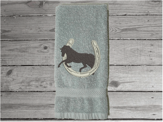 Gray Beige personalized hand towel - embroidered horse and horseshoe design - soft and absorbent terry towel, 16" x 27" - wedding gift for the new couple, birthday gift, farmhouse decor, bath or kitchen or barn work with horses. - Borgmanns Creations 