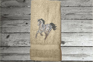 Beige hand towel for a horse lovers gift, this classy embroidered design  of an Appaloosa horse on a luxury terry hand towel, 16" x 27", will make your bathroom or kitchen decor, country western decor for the farmhouse family.  Personalize this towel as a gift for a friend, birthday gift or house warming gift - Borgmanns Creations - 3