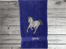 Load image into Gallery viewer, Blue hand towel for a horse lovers gift, this classy embroidered design  of an Appaloosa horse on a luxury terry hand towel, 16&quot; x 27&quot;, will make your bathroom or kitchen decor, country western decor for the farmhouse family.  Personalize this towel as a gift for a friend, birthday gift or house warming gift - Borgmanns Creations - 4
