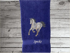 Blue hand towel for a horse lovers gift, this classy embroidered design  of an Appaloosa horse on a luxury terry hand towel, 16" x 27", will make your bathroom or kitchen decor, country western decor for the farmhouse family.  Personalize this towel as a gift for a friend, birthday gift or house warming gift - Borgmanns Creations - 4