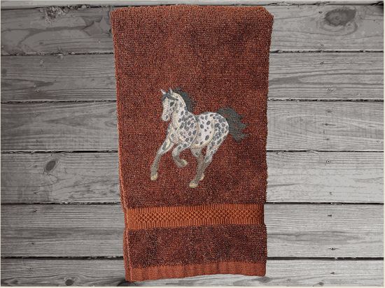 Brown hand towel for a horse lovers gift, this classy embroidered design  of an Appaloosa horse on a luxury terry hand towel, 16" x 27", will make your bathroom or kitchen decor, country western decor for the farmhouse family.  Personalize this towel as a gift for a friend, birthday gift or house warming gift - Borgmanns Creations - 2