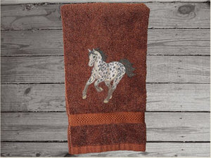 Brown hand towel for a horse lovers gift, this classy embroidered design  of an Appaloosa horse on a luxury terry hand towel, 16" x 27", will make your bathroom or kitchen decor, country western decor for the farmhouse family.  Personalize this towel as a gift for a friend, birthday gift or house warming gift - Borgmanns Creations - 2