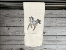 Load image into Gallery viewer, White hand towel for a horse lovers gift, this classy embroidered design  of an Appaloosa horse on a luxury terry hand towel, 16&quot; x 27&quot;, will make your bathroom or kitchen decor, country western decor for the farmhouse family.  Personalize this towel as a gift for a friend, birthday gift or house warming gift - Borgmanns Creations - 1
