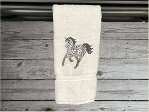 White hand towel for a horse lovers gift, this classy embroidered design  of an Appaloosa horse on a luxury terry hand towel, 16" x 27", will make your bathroom or kitchen decor, country western decor for the farmhouse family.  Personalize this towel as a gift for a friend, birthday gift or house warming gift - Borgmanns Creations - 1