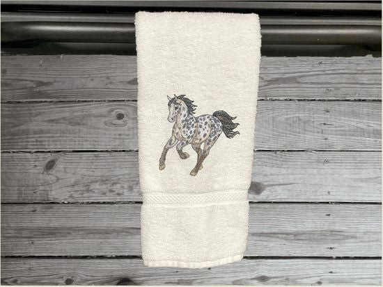White hand towel for a horse lovers gift, this classy embroidered design  of an Appaloosa horse on a luxury terry hand towel, 16