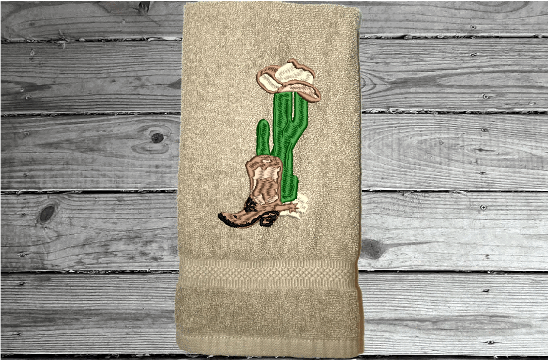 Beige personalized hand towel embroidered Southwest design country farmhouse living - terry towel soft and absorbent 16'" x 27'" - gift for mom or housewarming gift for bathroom or kitchen decor - Borgmanns Creations 