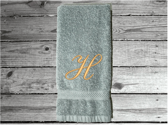 Gray Monogram towel personalized with an initial - soft hand towel that can be taken to collage for daughter or son - gift for mom for her bathroom decor or kitchen towel -  premium soft absorbent great colors for a gorgeous - embroidered in  Embassy font  - Borgmanns Creations - 1