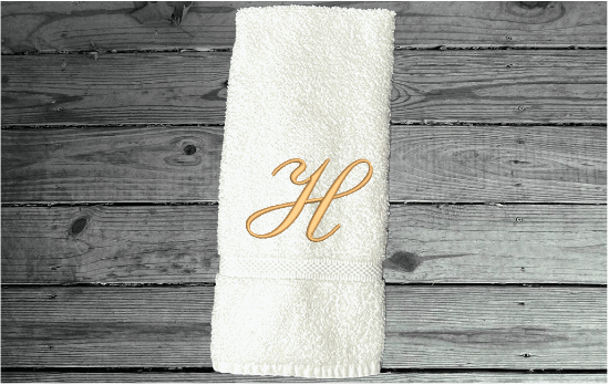 White Monogram towel personalized with an initial - soft hand towel that can be taken to collage for daughter or son - gift for mom for her bathroom decor or kitchen towel -  premium soft absorbent great colors for a gorgeous - embroidered in  Embassy font  - Borgmanns Creations - 2