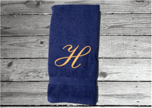 Load image into Gallery viewer, Blue Monogram towel personalized with an initial - soft hand towel that can be taken to collage for daughter or son - gift for mom for her bathroom decor or kitchen towel -  premium soft absorbent great colors for a gorgeous - embroidered in  Embassy font  - Borgmanns Creations - 4
