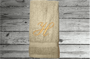 Beige Monogram towel personalized with an initial - soft hand towel that can be taken to collage for daughter or son - gift for mom for her bathroom decor or kitchen towel -  premium soft absorbent great colors for a gorgeous - embroidered in  Embassy font  - Borgmanns Creations - 5