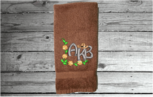 Load image into Gallery viewer, Brown hand towel - monogram wedding gift - new home gift - personalized initials - gift for her - best friend - farmhouse rustic decor - housewarming gift - grandma&#39;s new room - Borgmanns Creations 3

