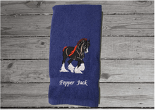Load image into Gallery viewer, Clydesdale blue hand towel  - is the perfect gift for the person who has a Clydesdale or teem with a wagon - western atmosphere - bath or guest bath even the kitchen home decor - Borgmanns Creations -4
