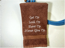 Load image into Gallery viewer, brown bath hand towel saying - bathroom or kitchen - &quot;Get Up Look Up Show Up Never Give Up&quot; - shower gift, birthday gift housewarming gift - country farmhouse decor - personalized gift for mom or friend - Borgmanns Creations
