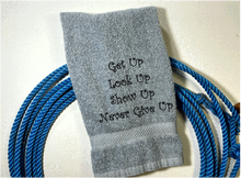Load image into Gallery viewer, gray bath hand towel saying - bathroom or kitchen - &quot;Get Up Look Up Show Up Never Give Up&quot; - shower gift, birthday gift housewarming gift - country farmhouse decor - personalized gift for mom or friend - Borgmanns Creations
