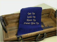 Load image into Gallery viewer, Blue bath hand towel saying - bathroom or kitchen - &quot;Get Up Look Up Show Up Never Give Up&quot; - shower gift, birthday gift housewarming gift - country farmhouse decor - personalized gift for mom or friend - Borgmanns Creations

