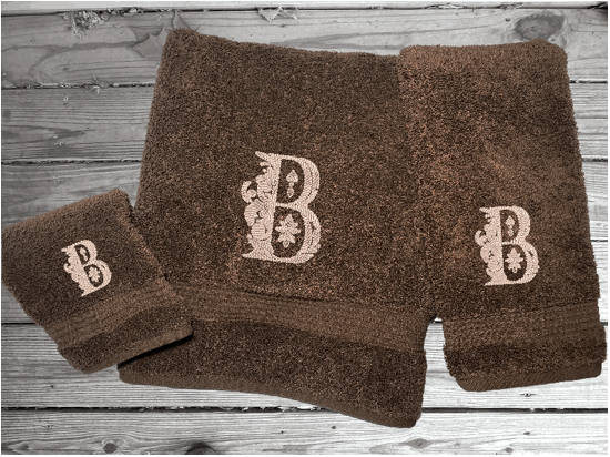 Brown bath towel set or individual towels, premium soft and absorbent towels the perfect design for your home, that farmhouse decor. This Luxury towel set of 3 towels 1 bath towel 27" x 50",1 hand towel 16" x 27", 1 washcloth 13" x 13". You can personalize the towel set with an embroidered initial - Borgmanns Creations - 3