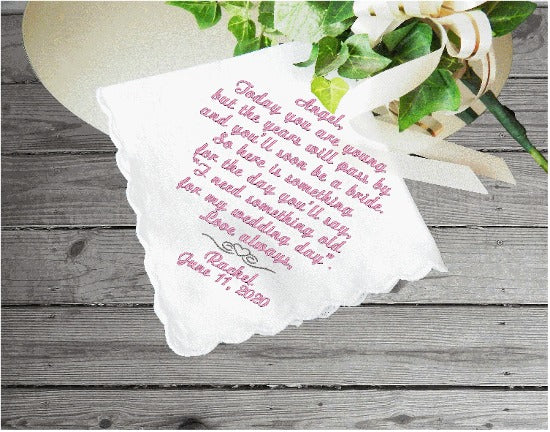 Flower girl gift (Angle) - embroidered handkerchief for that special someone to be in your wedding - wonderful bridal keepsake cherished gift just that you are looking for - you may also write your own text - cotton handkerchief with scalloped edges 11" x 11" - Borgmanns Creations - 4
