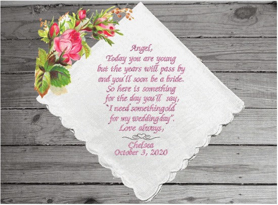 Flower girl gift (Angle) - embroidered handkerchief for that special someone to be in your wedding - wonderful bridal keepsake cherished gift just that you are looking for - you may also write your own text - cotton handkerchief with  scalloped edges 11" x 11" - Borgmanns Creations - 2
