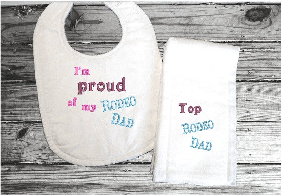 Bib burp cloth set embroidered Rodeo Dad design - baby shower gift farmhouse decor - wonderful gift set for a new born or toddler - Bib has flannel top with terry backing is 13" in over all length, 7 1/4" from neck to bottom and 8 3/4" at widest point - sticky fasteners - burp cloth is tri fold diaper - Borgmanns Creations 1