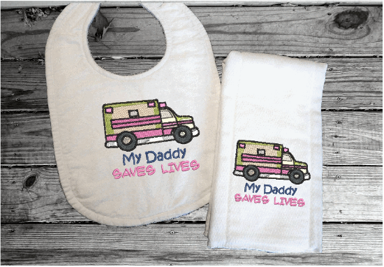 Bib burp cloth set - baby shower gift - family of first responder - meal time must have to catch the little spills - bib has flannel top with terry backing is 13" in over all length, 7 1/4" from neck to bottom and 8 3/4" at widest point - sticky fasteners - burp cloth tri fold diaper - Borgmanns Creations 14