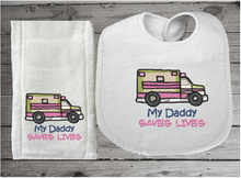 Load image into Gallery viewer, Bib burp cloth set - baby shower gift - family of first responder - meal time must have to catch the little spills - bib has flannel top with terry backing is 13&quot; in over all length, 7 1/4&quot; from neck to bottom and 8 3/4&quot; at widest point - sticky fasteners - burp cloth tri fold diaper - Borgmanns Creations 1
