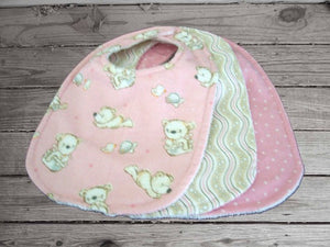 Get this set of 3 bibs for your little princess as a baby shower gift, a gift for the new mom, birthday gift for her first birthday. Made of flannel top and terry cloth backing, sticky fasteners, bib 9" from neck to bottom- 8" wide, to keep the baby dry from those frequent spills. Custom gift for a toddler - Borgmanns Creations - 1