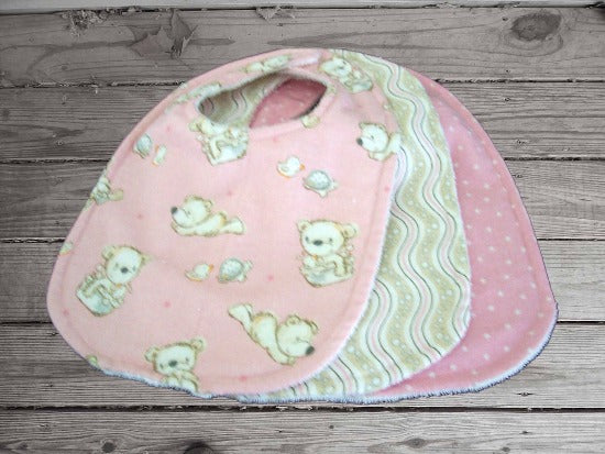 Get this set of 3 bibs for your little princess as a baby shower gift, a gift for the new mom, birthday gift for her first birthday. Made of flannel top and terry cloth backing, sticky fasteners, bib 9