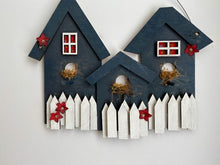 Load image into Gallery viewer, Triple birdhouse decoration, laser cut luan wood, acrylic paint, layered wood,  flowers, hung by wire, 11 1/2&quot; H x 13&quot; W x 1 1/2 D, a gift for the bird lover for their home. This triple birdhouse wall hanging is a unique house warming gift or birthday gift for your special someone - Borgmanns Creations 
