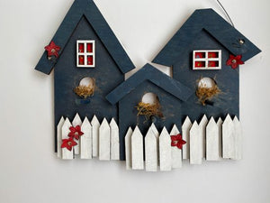 Triple birdhouse decoration, laser cut luan wood, acrylic paint, layered wood,  flowers, hung by wire, 11 1/2" H x 13" W x 1 1/2 D, a gift for the bird lover for their home. This triple birdhouse wall hanging is a unique house warming gift or birthday gift for your special someone - Borgmanns Creations 