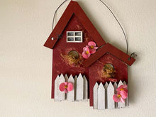 Load image into Gallery viewer, Double birdhouse wall hanging - gift for the bird lover to decorate their home. - red birdhouse white picked fence. - laser cut luan wood layered for a 3D look, material in window, flowers and wire hanger - 10&quot; H x 8&quot; W x 1 1/2 D.  unique house warming gift or birthday gift - home decor farmhouse decor - Borgmanns Creations -1
