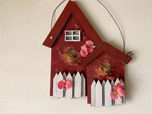Double birdhouse wall hanging - gift for the bird lover to decorate their home. - red birdhouse white picked fence. - laser cut luan wood layered for a 3D look, material in window, flowers and wire hanger - 10