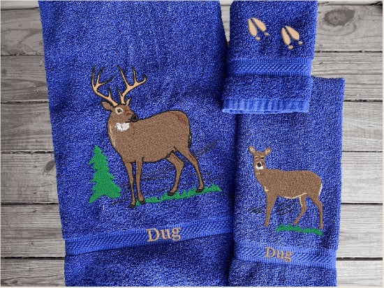 Blue bath towel set or individual towels, the embroidered deer design is the perfect design for the woodland themed family, that farmhouse decor. This Luxury towel set has 3 towels, 1 bath towel 27" x 58" , 1 hand towel 16" x 27", 1 wash cloth  13" x 13". These towels can be personalized with a name and initial - Borgmanns Creations - 2