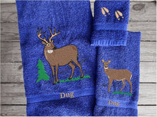 Load image into Gallery viewer, Blue bath towel set or individual towels, the embroidered deer design is the perfect design for the woodland themed family, that farmhouse decor. This Luxury towel set has 3 towels, 1 bath towel 27&quot; x 58&quot; , 1 hand towel 16&quot; x 27&quot;, 1 wash cloth  13&quot; x 13&quot;. These towels can be personalized with a name and initial - Borgmanns Creations - 2
