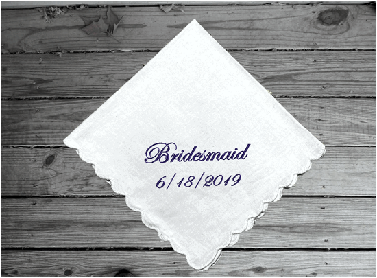 Bridesmaids gift - personalized wedding handkerchief from the bride - custom embroidered hankie - special gift to those who you are asking to celebrating your gorgeous wedding - white cotton handkerchief scalloped edges 11" x 11"  - Borgmanns Creations - 1