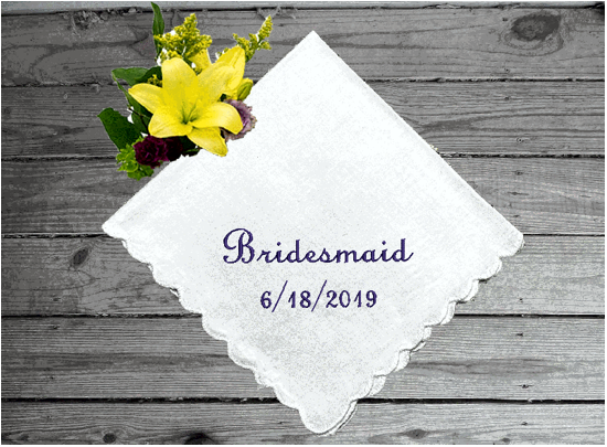 Bridesmaids gift - personalized wedding handkerchief from the bride - custom embroidered hankie - special gift to those who you are asking to celebrating your gorgeous wedding - white cotton handkerchief scalloped edges 11" x 11"  - Borgmanns Creations - 2