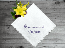 Load image into Gallery viewer, Bridesmaids gift - personalized wedding handkerchief from the bride - custom embroidered hankie - special gift to those who you are asking to celebrating your gorgeous wedding - white cotton handkerchief scalloped edges 11&quot; x 11&quot;  - Borgmanns Creations - 2
