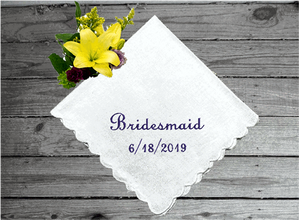 Bridesmaids gift - personalized wedding handkerchief from the bride - custom embroidered hankie - special gift to those who you are asking to celebrating your gorgeous wedding - white cotton handkerchief scalloped edges 11" x 11"  - Borgmanns Creations - 2