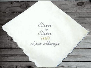 Bridesmaids gift from sister - gift for your junior bridesmaid - keep for her wedding - personalized handkerchief wedding gift - white cotton handkerchief with scalloped edges 11" x 11" - Borgmanns Creations - 2