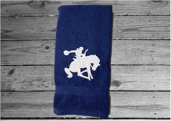 Blue Bath hand towel - silhouette bronc and rider - western rodeo ranch decor - work towel - horse lover gift - kitchen, bath or bar decor - home decor - birthday gift for him - Borgmanns Creations