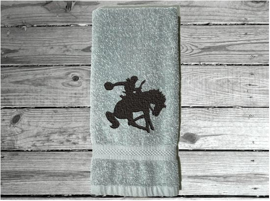 Gray Bath hand towel - silhouette bronc and rider - western rodeo ranch decor - work towel - horse lover gift - kitchen, bath or bar decor - home decor - birthday gift for him - Borgmanns Creations