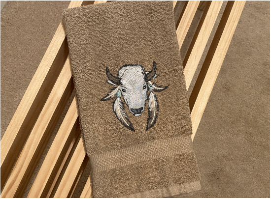 Beige hand towel - embroidered Southwest decor buffalo head - gift Southwest theme bath / kitchen - housewarming gift - home decor - Borgmanns Creations 2