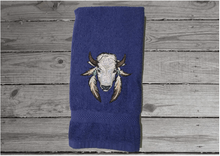 Load image into Gallery viewer, Blue hand towel - embroidered Southwest decor buffalo head - gift Southwest theme bath / kitchen - housewarming gift - home decor - Borgmanns Creations 

