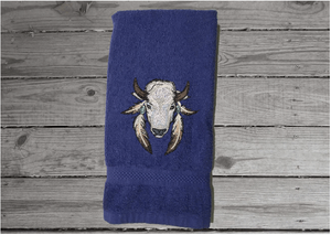 Blue hand towel - embroidered Southwest decor buffalo head - gift Southwest theme bath / kitchen - housewarming gift - home decor - Borgmanns Creations 