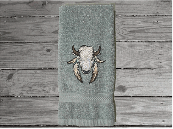 Gray hand towel - embroidered Southwest decor buffalo head - gift Southwest theme bath / kitchen - housewarming gift - home decor - Borgmanns Creations 4