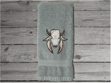 Load image into Gallery viewer, Gray hand towel - embroidered Southwest decor buffalo head - gift Southwest theme bath / kitchen - housewarming gift - home decor - Borgmanns Creations 4
