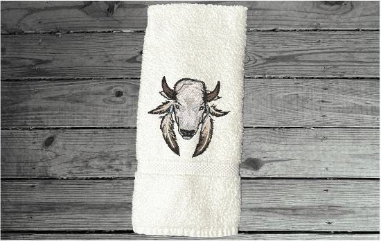 White hand towel - embroidered Southwest decor buffalo head - gift Southwest theme bath / kitchen - housewarming gift - home decor - Borgmanns Creations 5